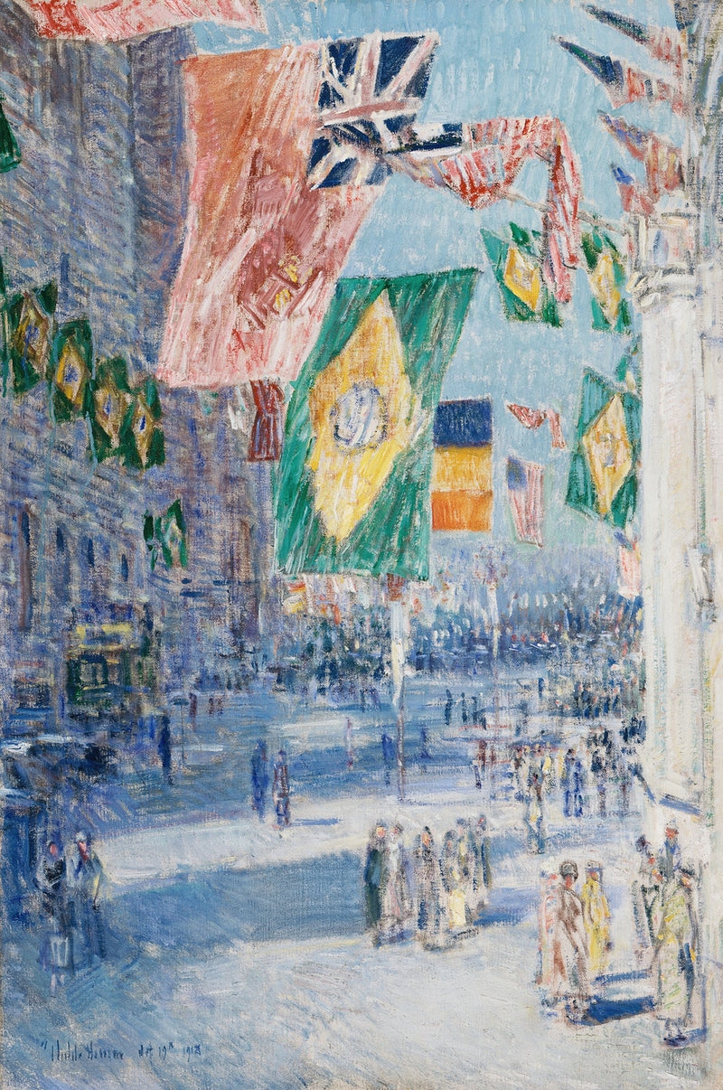 Hand-painted city street with international flags landscape oil painting on canvas