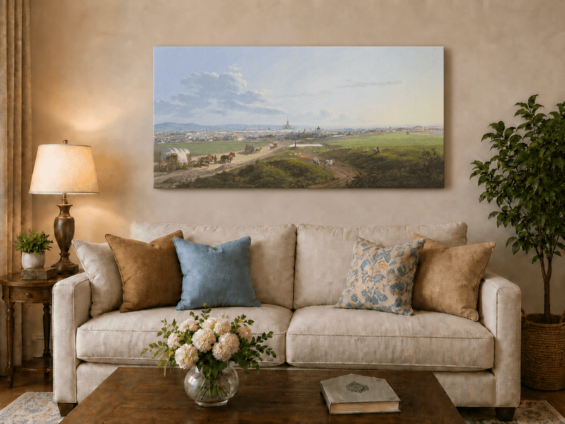 Landscape Oil Painting - City View with Road, Wagons & Cattle