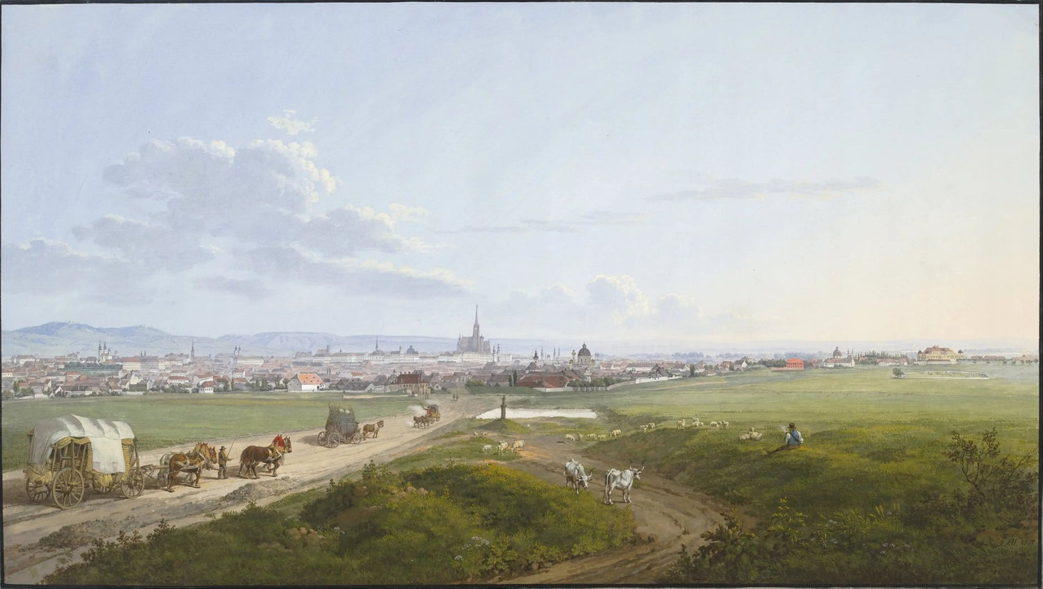 Landscape Oil Painting - City View with Road, Wagons & Cattle - Oil Painting Haven