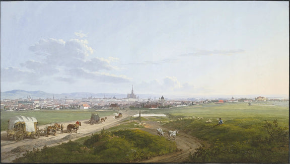Landscape Oil Painting - City View with Road, Wagons & Cattle - Oil Painting Haven
