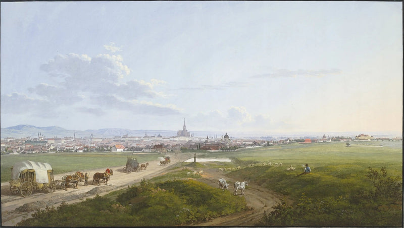 Landscape Oil Painting - City View with Road, Wagons & Cattle - Oil Painting Haven