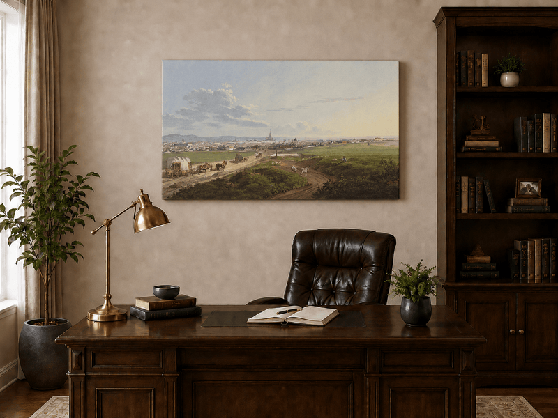 Landscape Oil Painting - City View with Road, Wagons & Cattle