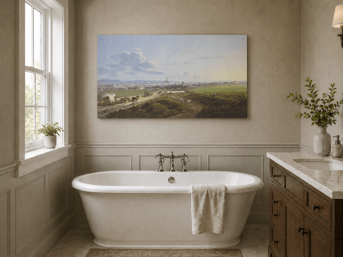 Landscape Oil Painting - City View with Road, Wagons & Cattle