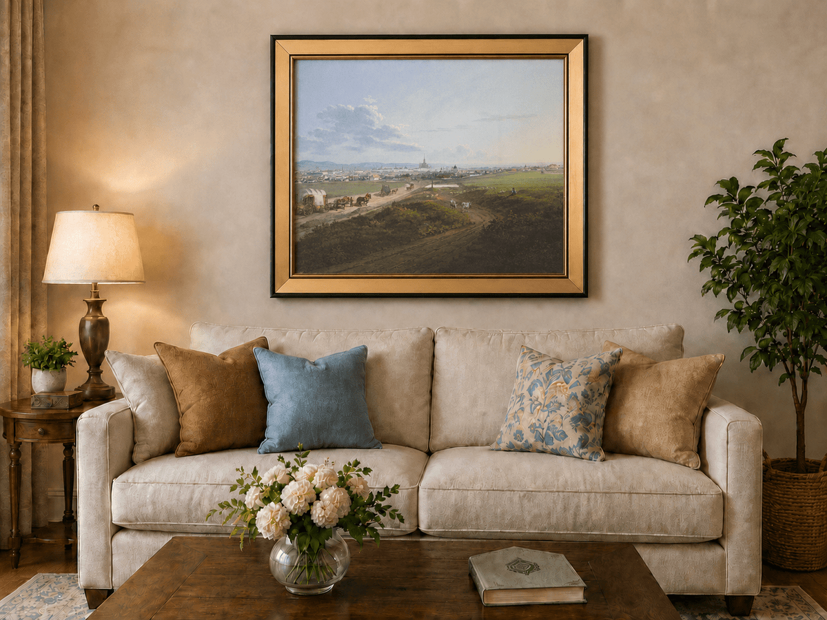 Landscape Oil Painting - City View with Road, Wagons & Cattle
