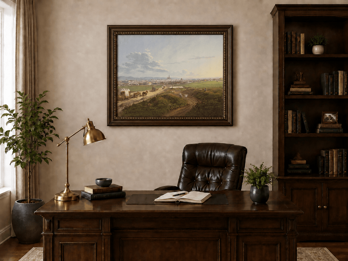 Landscape Oil Painting - City View with Road, Wagons & Cattle