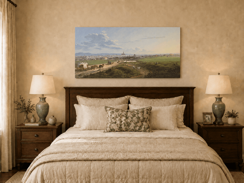 Landscape Oil Painting - City View with Road, Wagons & Cattle