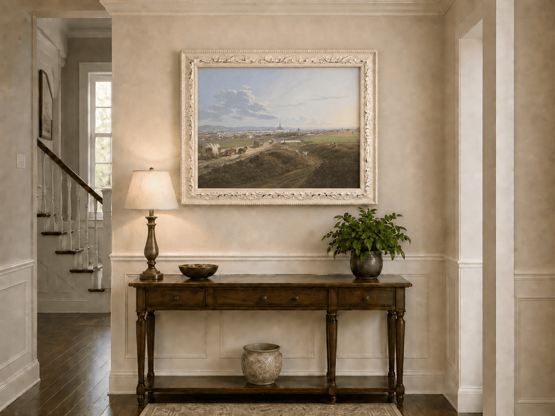 Landscape Oil Painting - City View with Road, Wagons & Cattle