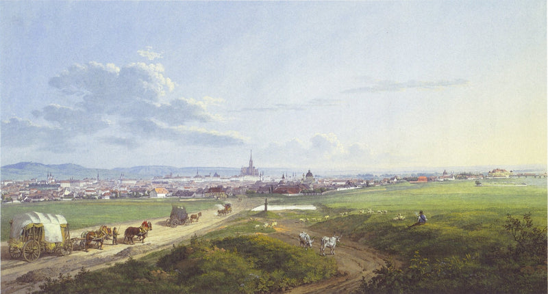 Landscape oil painting with a winding country road, wagons, cattle, and distant city skyline under a soft blue sky, textured . - Add Frame, Animal, Architecture, Canvas, Country, Farm, Figure, Hand Painted, Landscape, Made To Order, Oil Painting, Road