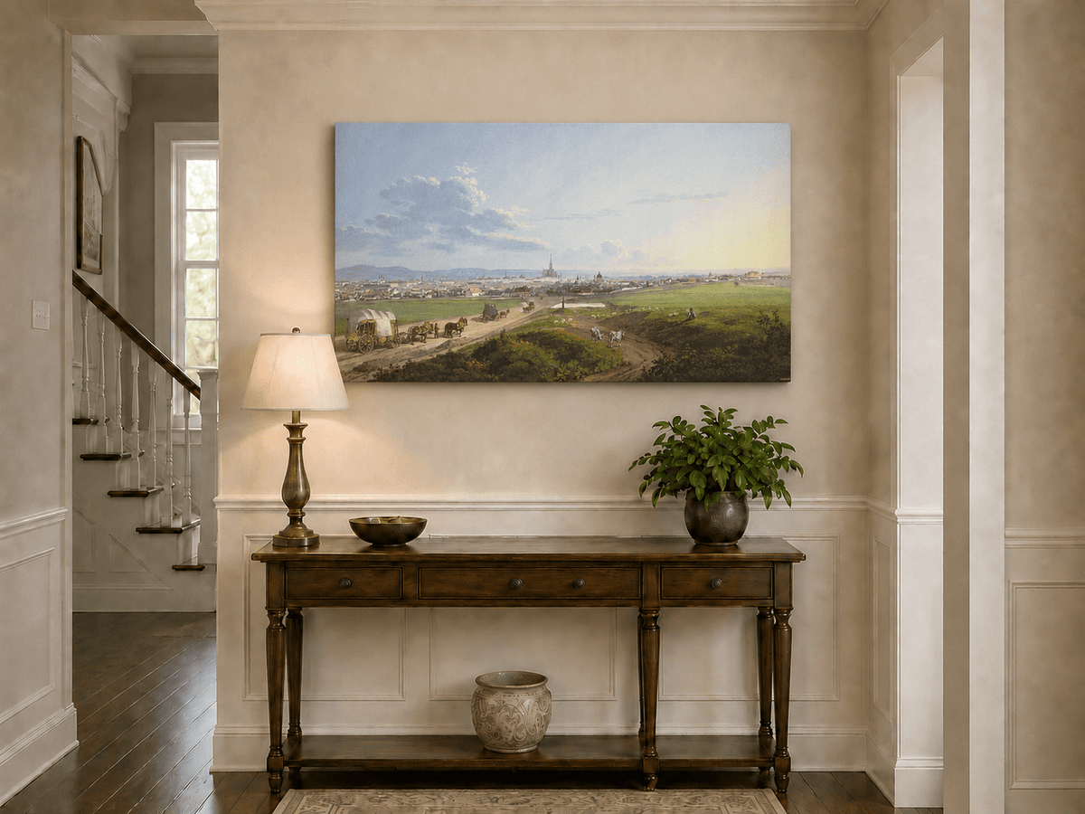 Landscape Oil Painting - City View with Road, Wagons & Cattle