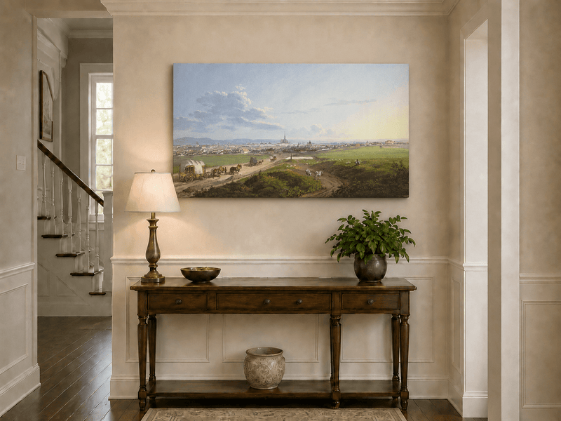 Landscape Oil Painting - City View with Road, Wagons & Cattle