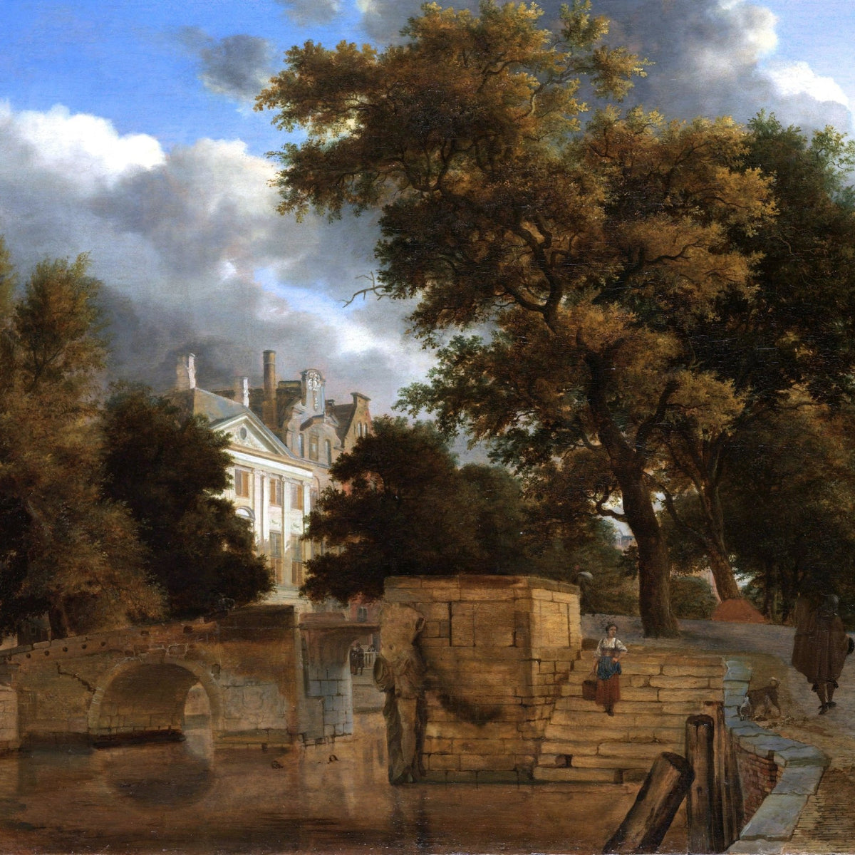Classic canal bridge and stone steps beside lush trees in hand painted oil on canvas with textured brushwork, landscape oil. - Add Frame, Architecture, Canal, Canvas, Forest, Hand Painted, Landscape, Made To Order, Oil Painting, Venice