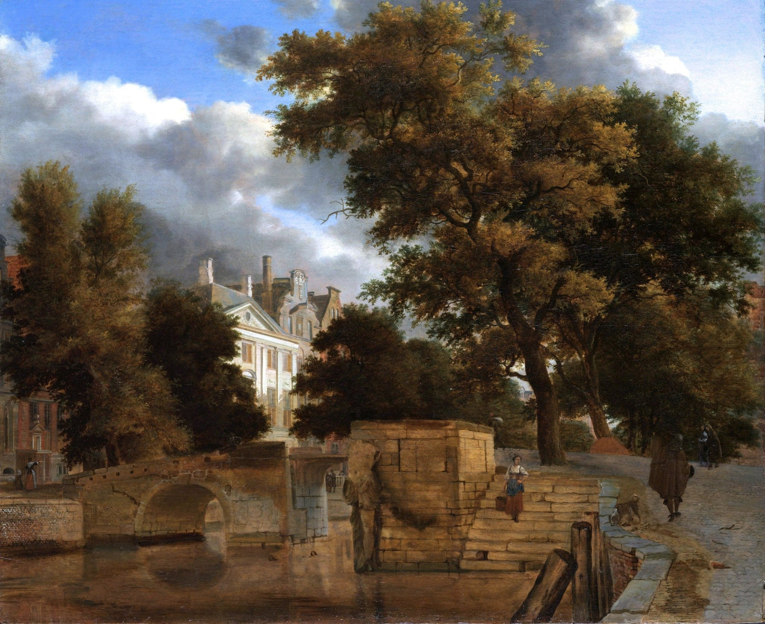 Classic canal bridge and stone steps beside lush trees in hand painted oil on canvas with textured brushwork, landscape oil. - Add Frame, Architecture, Canal, Canvas, Forest, Hand Painted, Landscape, Made To Order, Oil Painting, Venice
