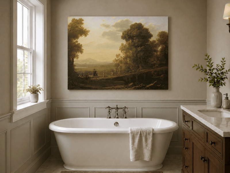 Landscape Oil Painting - Classical Bridge Landscape at Sunset