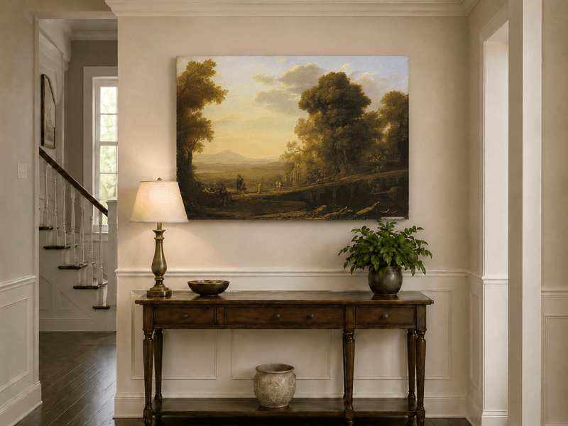 Landscape Oil Painting - Classical Bridge Landscape at Sunset