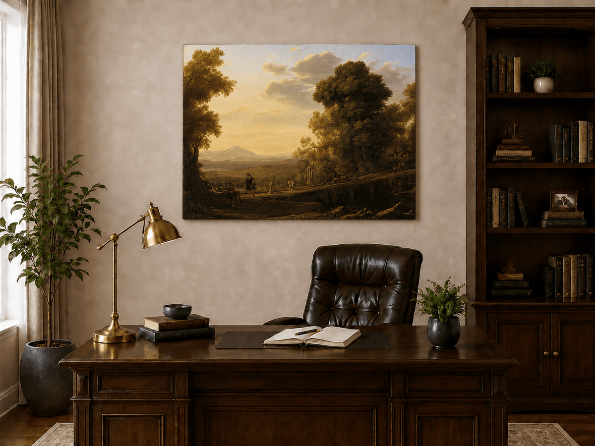 Landscape Oil Painting - Classical Bridge Landscape at Sunset
