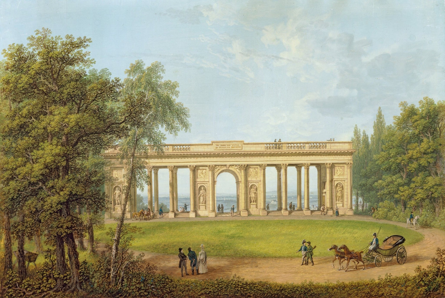 Landscape oil painting of classical colonnade in park, hand painted oil on canvas with textured brushwork and lush greenery. - Add Frame, Canvas, Garden, Hand Painted, Landscape, Made To Order, Oil Painting