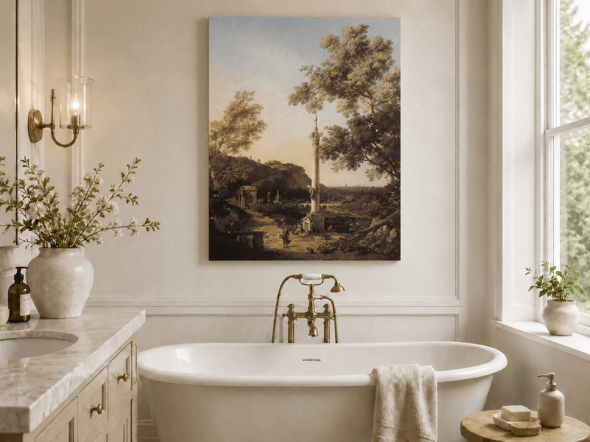 Peinture à l'huile de paysage - Rivière printanière avec pêcheur et arbres