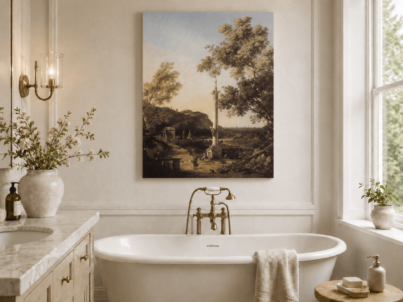 Peinture à l'huile de paysage - Rivière printanière avec pêcheur et arbres