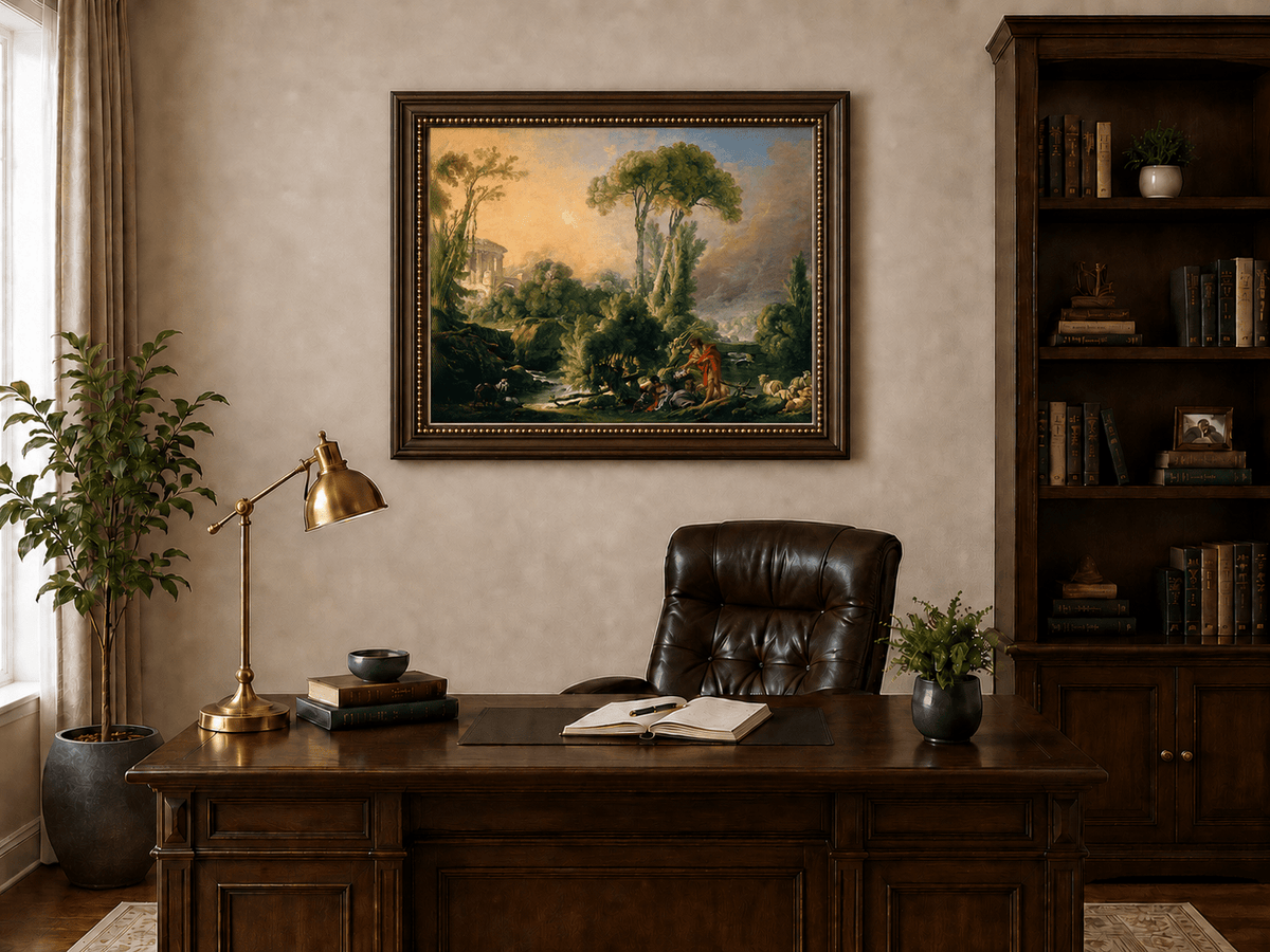 Landscape Oil Painting - Classical Forest Figures & Ancient Ruins
