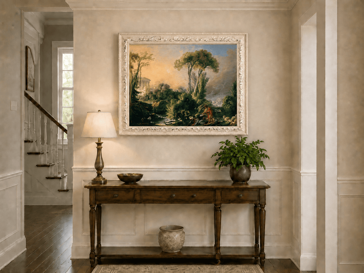 Landscape Oil Painting - Classical Forest Figures & Ancient Ruins