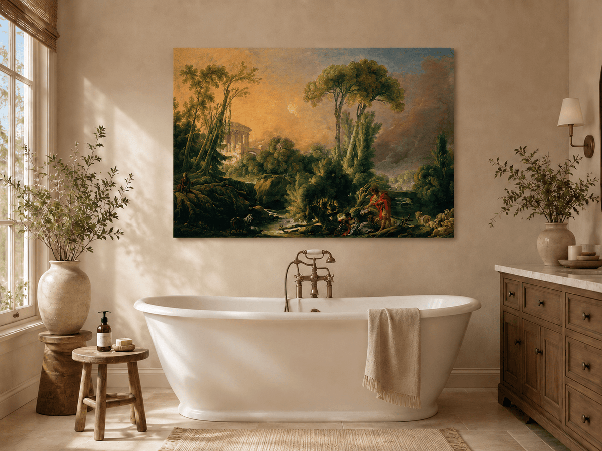Landscape Oil Painting - Classical Forest Figures & Ancient Ruins