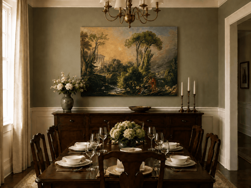 Landscape Oil Painting - Classical Forest Figures & Ancient Ruins