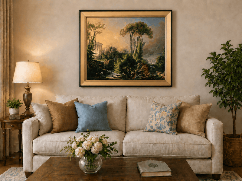 Landscape Oil Painting - Classical Forest Figures & Ancient Ruins