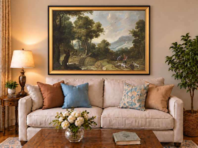 Hand-painted Classical Forest Hunt Scene landscape oil painting displayed as wall art in a styled interior