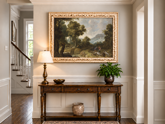 Hand-painted Classical Forest Hunt Scene landscape oil painting displayed as wall art in a styled interior