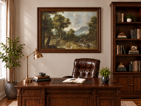 Hand-painted Classical Forest Hunt Scene landscape oil painting displayed as wall art in a styled interior