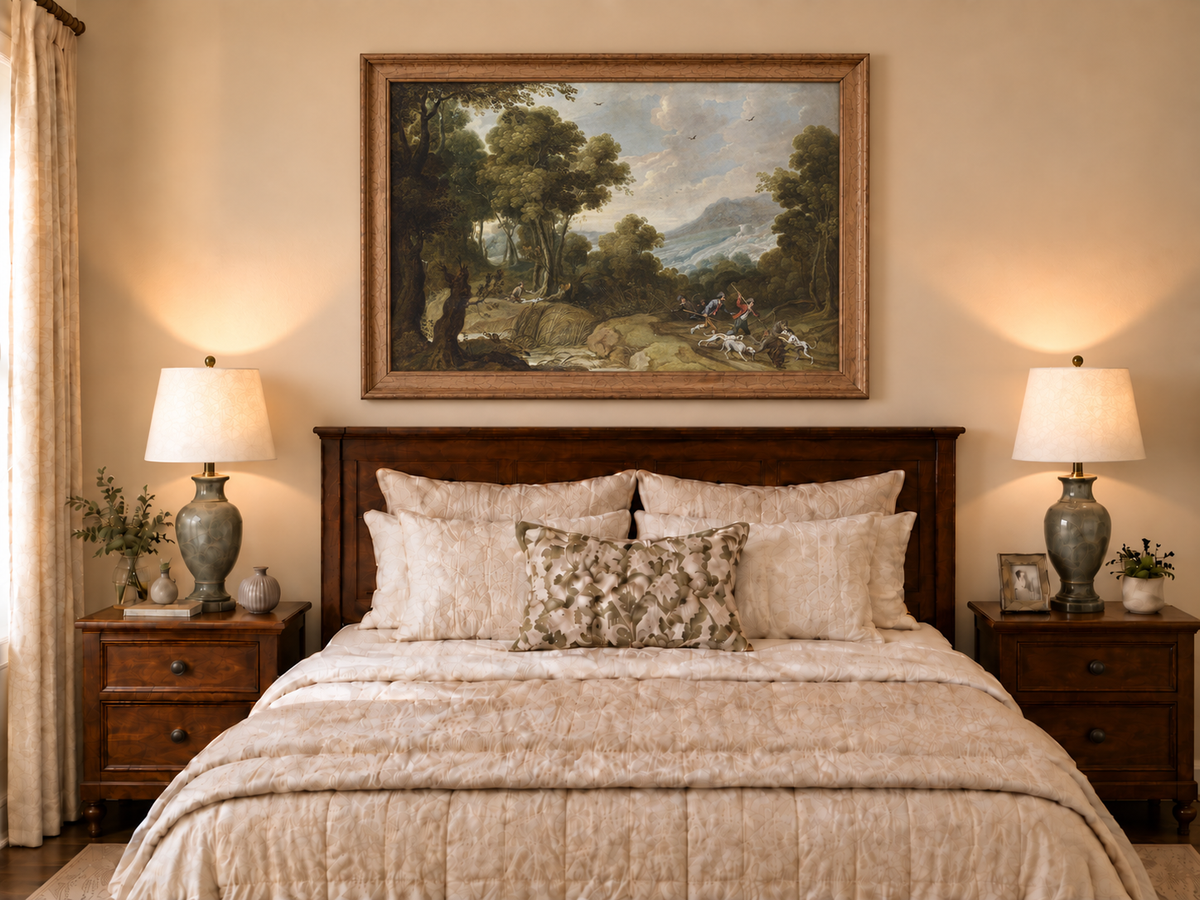 Hand-painted Classical Forest Hunt Scene landscape oil painting displayed as wall art in a styled interior
