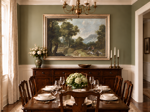 Hand-painted Classical Forest Hunt Scene landscape oil painting displayed as wall art in a styled interior