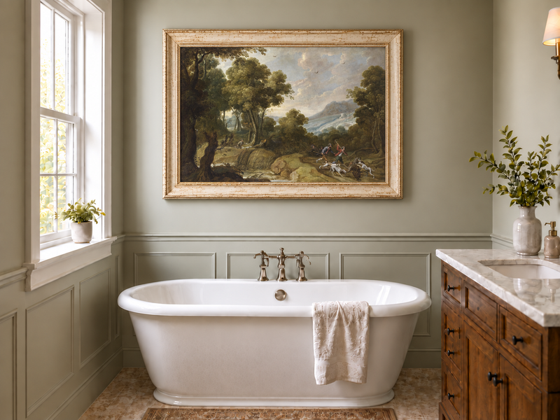 Hand-painted Classical Forest Hunt Scene landscape oil painting displayed as wall art in a styled interior