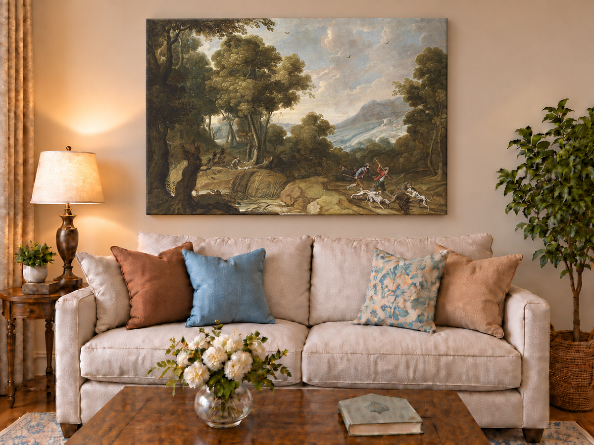 Hand-painted Classical Forest Hunt Scene landscape oil painting displayed as wall art in a styled interior