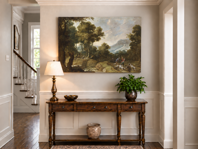 Hand-painted Classical Forest Hunt Scene landscape oil painting displayed as wall art in a styled interior