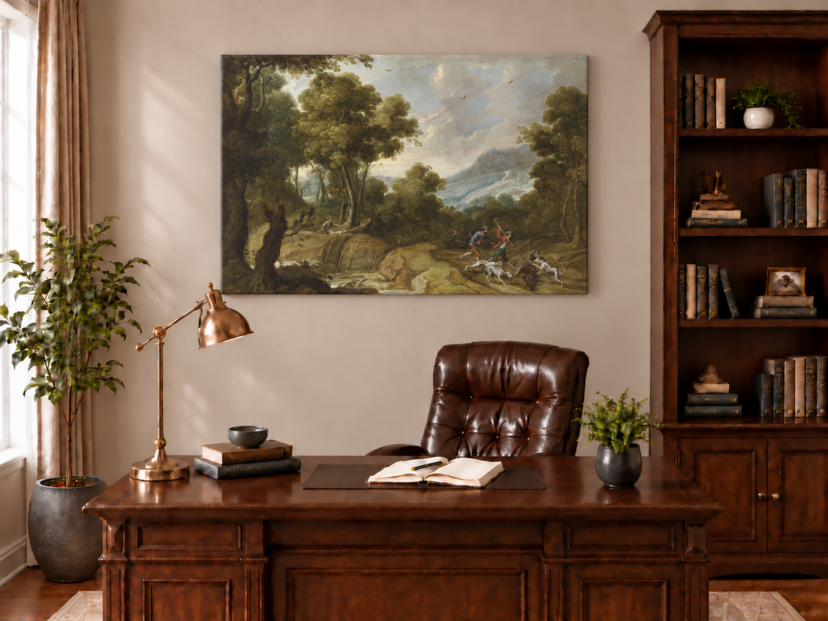 Hand-painted Classical Forest Hunt Scene landscape oil painting displayed as wall art in a styled interior
