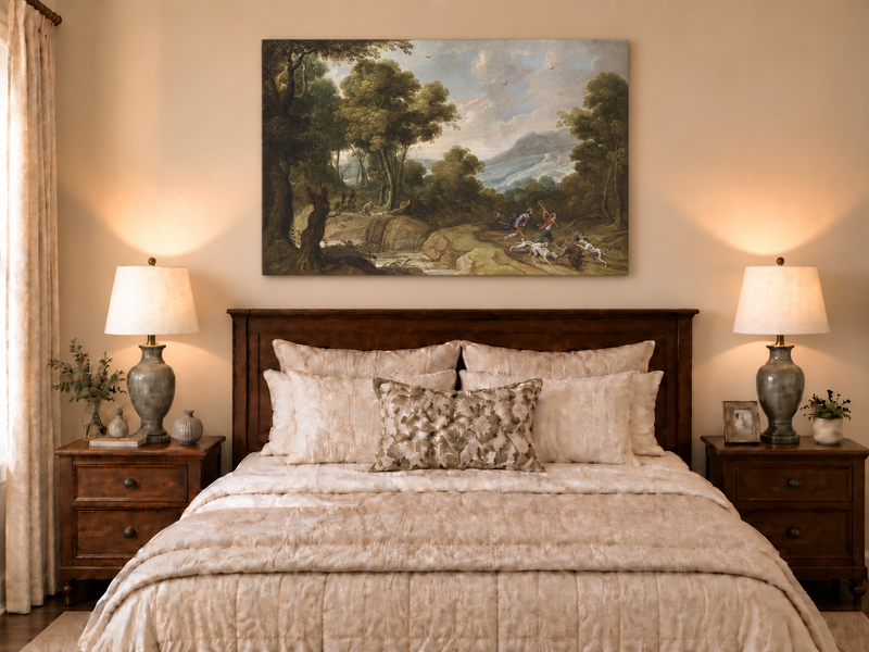 Hand-painted Classical Forest Hunt Scene landscape oil painting displayed as wall art in a styled interior