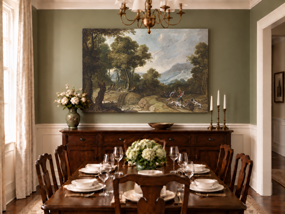 Hand-painted Classical Forest Hunt Scene landscape oil painting displayed as wall art in a styled interior