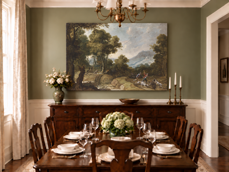 Hand-painted Classical Forest Hunt Scene landscape oil painting displayed as wall art in a styled interior