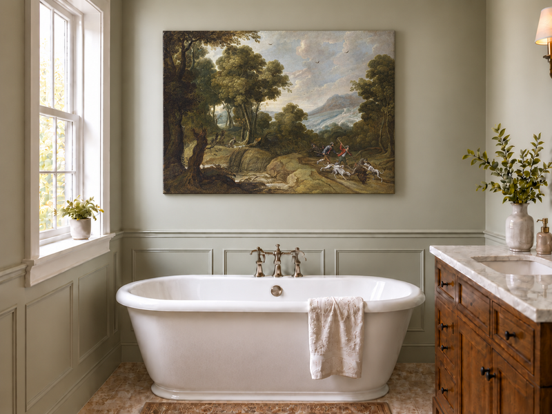 Hand-painted Classical Forest Hunt Scene landscape oil painting displayed as wall art in a styled interior