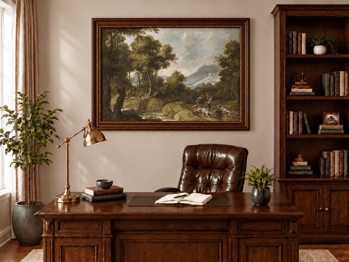 Hand-painted Classical Forest Hunt Scene landscape oil painting displayed as wall art in a styled interior