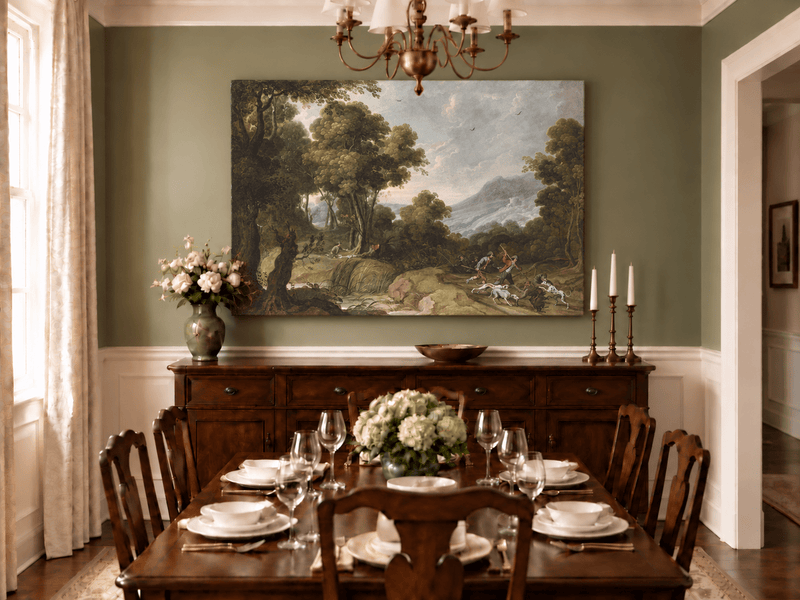 Hand-painted Classical Forest Hunt Scene landscape oil painting displayed as wall art in a styled interior