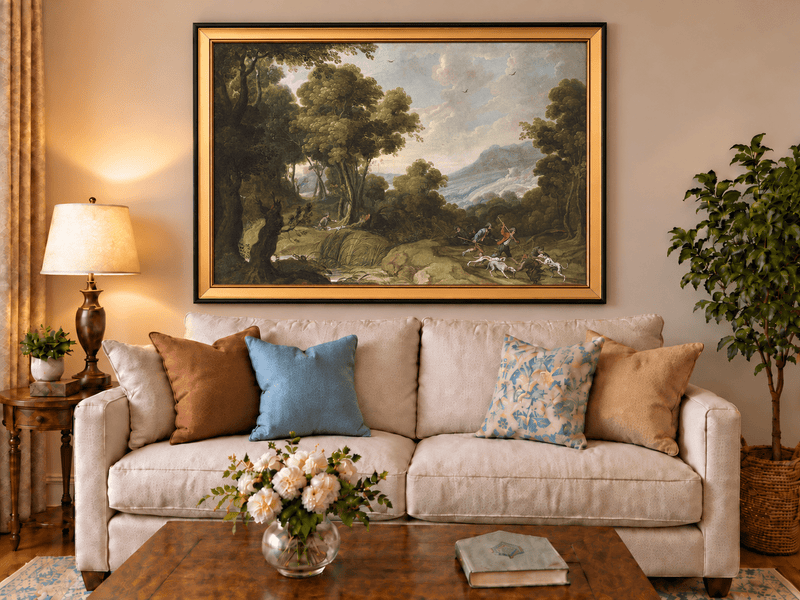 Hand-painted Classical Forest Hunt Scene landscape oil painting displayed as wall art in a styled interior