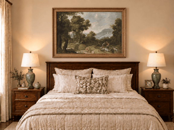 Hand-painted Classical Forest Hunt Scene landscape oil painting displayed as wall art in a styled interior