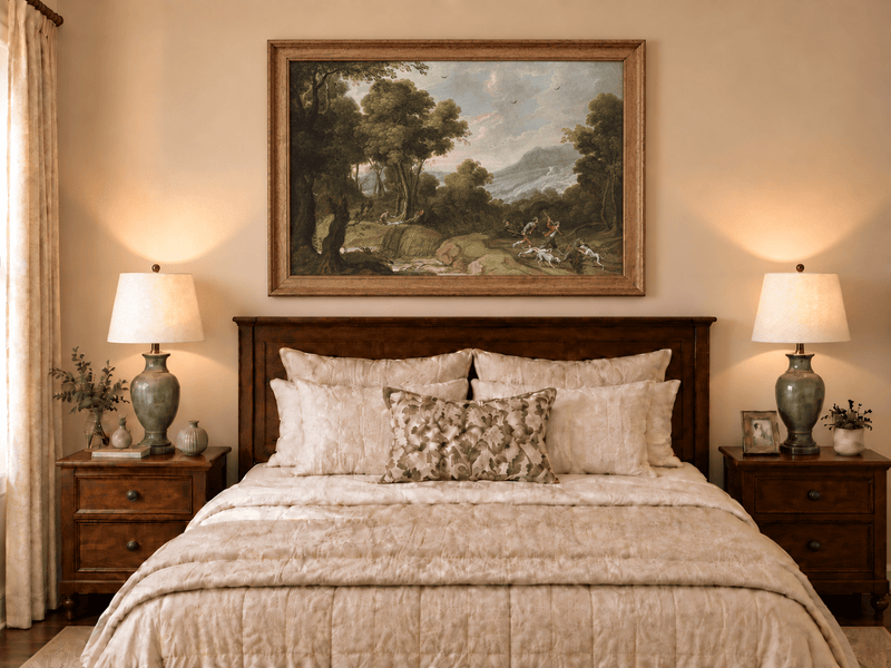 Hand-painted Classical Forest Hunt Scene landscape oil painting displayed as wall art in a styled interior