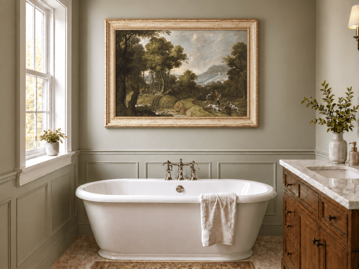 Hand-painted Classical Forest Hunt Scene landscape oil painting displayed as wall art in a styled interior