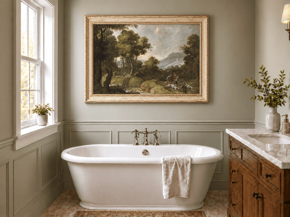 Hand-painted Classical Forest Hunt Scene landscape oil painting displayed as wall art in a styled interior