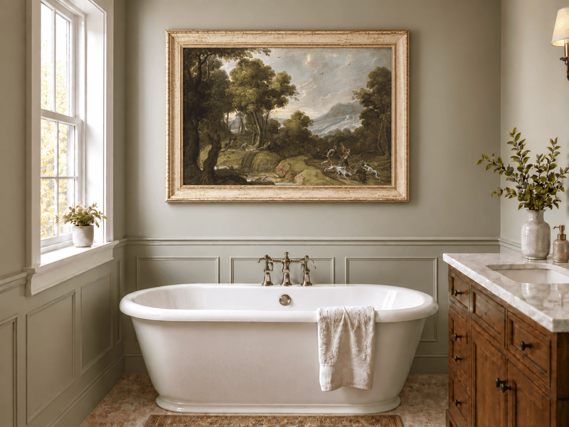 Hand-painted Classical Forest Hunt Scene landscape oil painting displayed as wall art in a styled interior