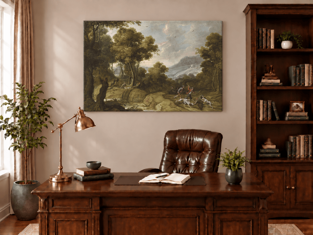 Hand-painted Classical Forest Hunt Scene landscape oil painting displayed as wall art in a styled interior