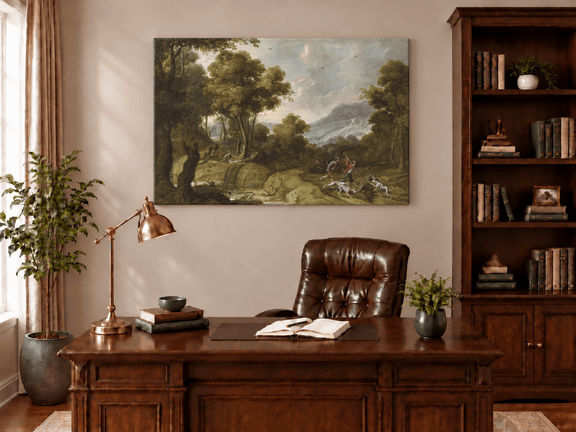 Hand-painted Classical Forest Hunt Scene landscape oil painting displayed as wall art in a styled interior